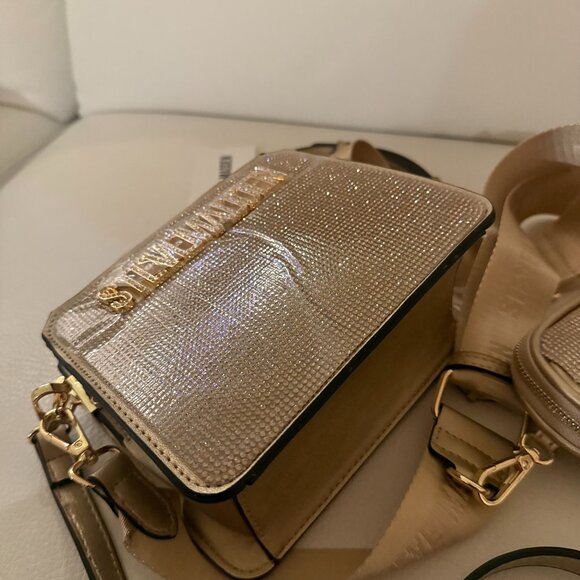 NWT STEVE MADDEN BEVELYN RHINESTONE SATCHEL CROSSBODY BAG W AIR POD CASE GOLD SM - Picture 5 of 6